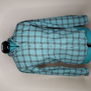 Filson Flannel Plaid Button Down Shirt XS Turquoise Blue Green with Brown